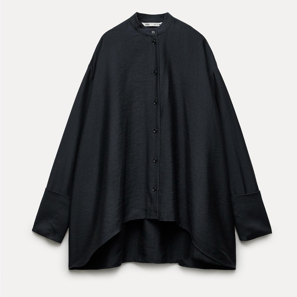 Zara Navy Blue  Button-Up Trapeze Shirt